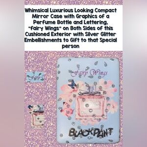 Mirror case Graphic Perfume Bottle & fairy Wings Silver Glitter Embellishment